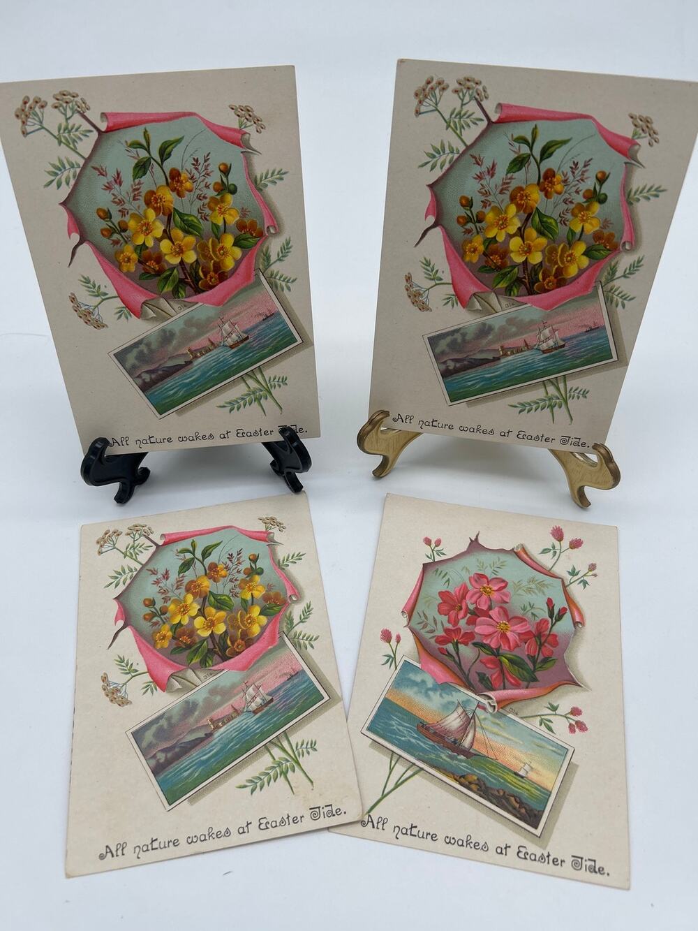 Lot of 4 Antique Easter Die Cut Floral Cards “All Nature Wakes at Easter Tide”
